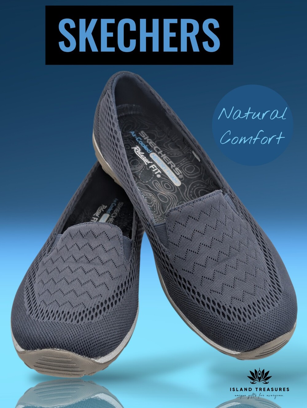 Skechers Relaxed Fit Sz 8.5 Navy Air Cooled Memory Foam Sole Breathable Knit
